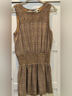 Joie Beige and Navy Smocked Waist Sleeveless Mini Dress  Size L,  Retail $198